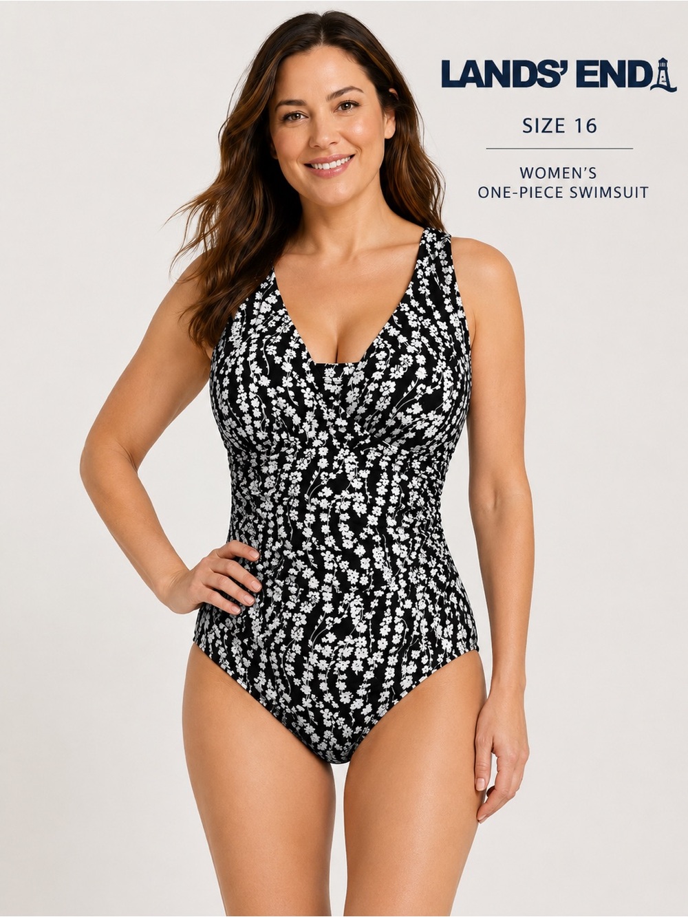NWT Lands’ End Black & White Floral One Piece Swimsuit Size 16 Tummy Control